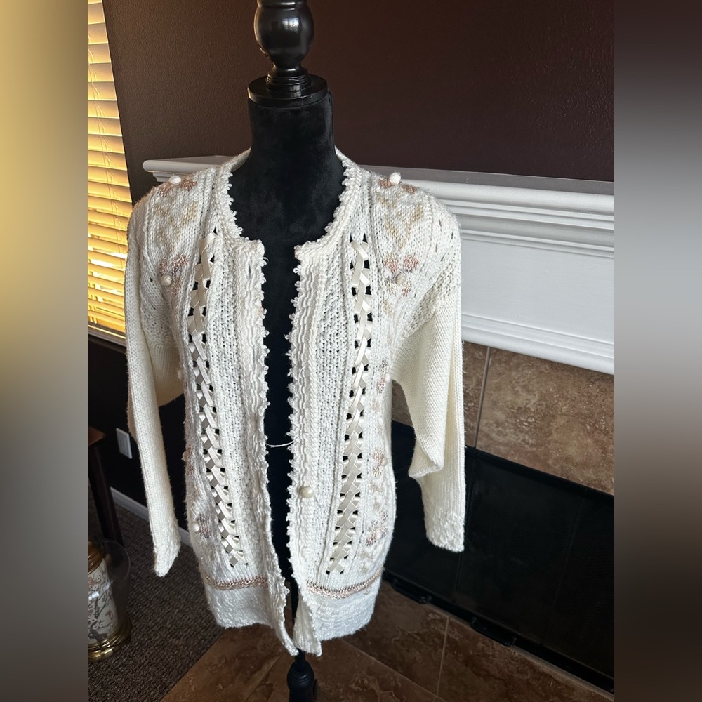 Women's Vintage Cream Knit Open-Front Sweater Cardigan. Wms. Sz. S/M.